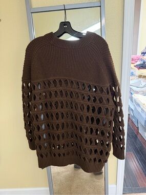 COS Brown Open-Knit Crewneck Sweater